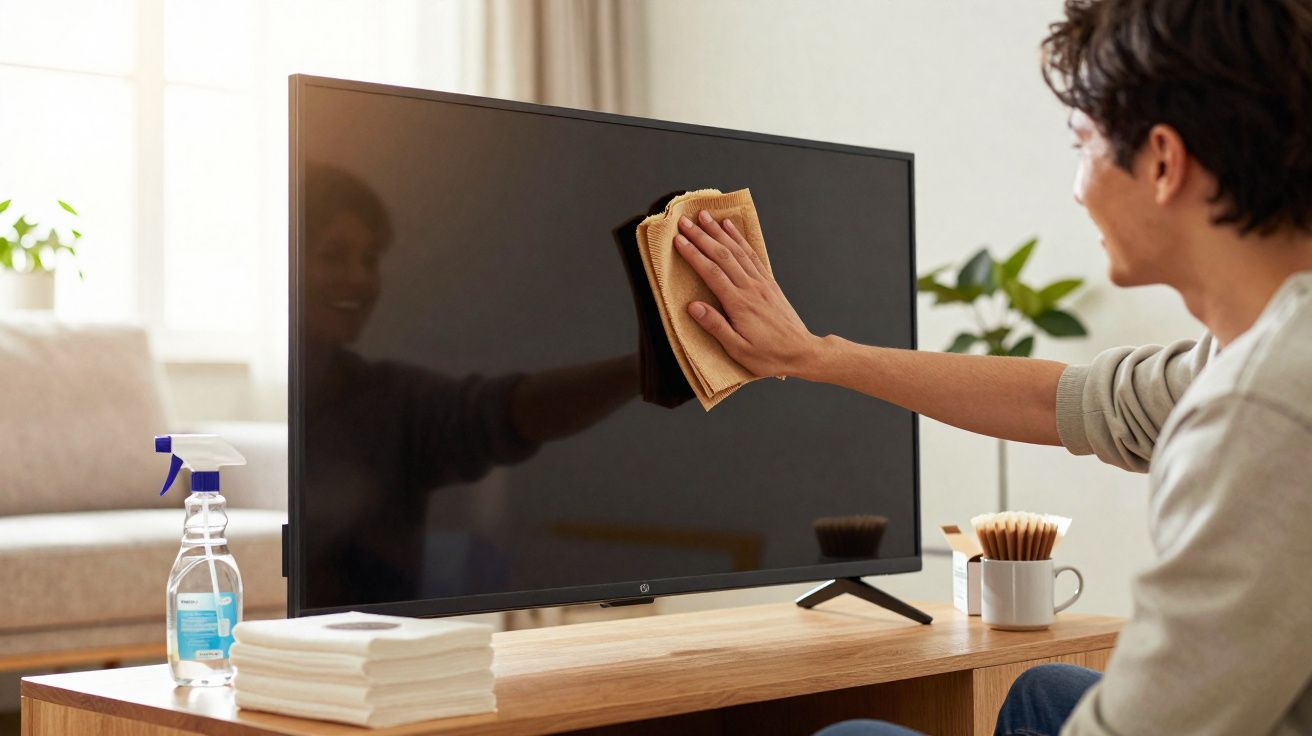 Pessoa limpando a tela de uma televisão com um pano marrom em sala iluminada e organizada.