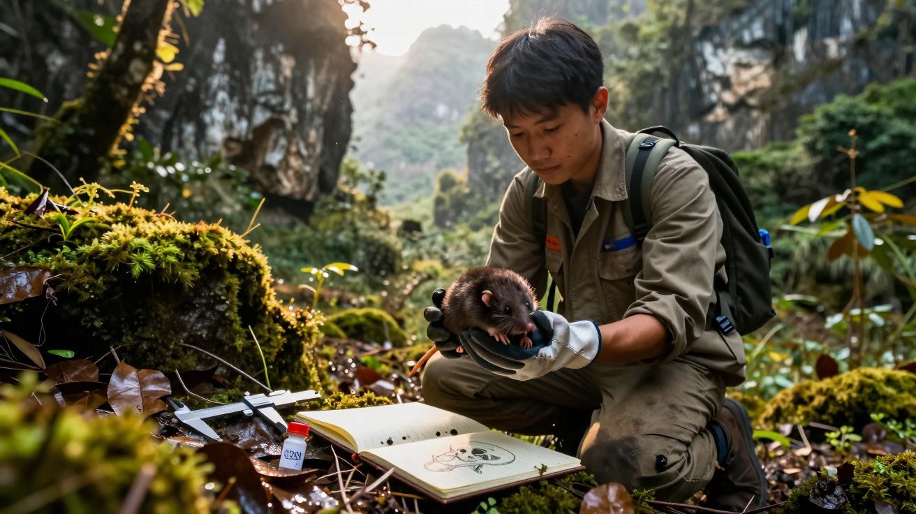 Pesquisador segura um animal pequeno em floresta enquanto observa caderno com ilustração científica.