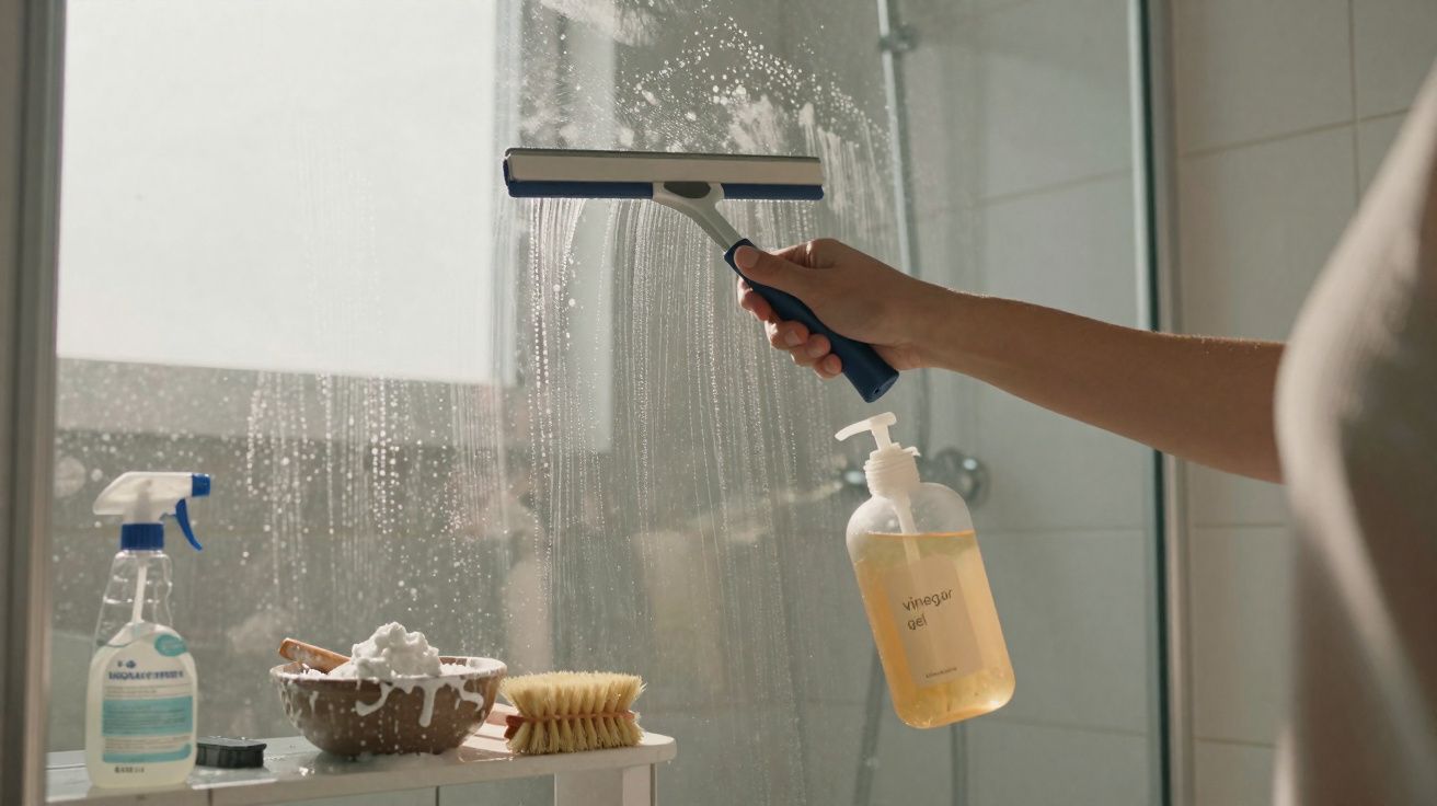 Mão segurando esguicho limpando vidro em box de banheiro com produtos de limpeza ao fundo.