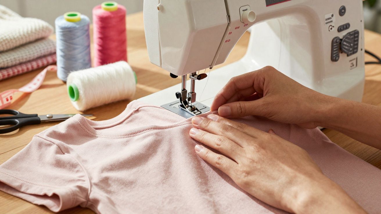Pessoa costurando camiseta rosa em máquina de costura branca com linhas coloridas ao fundo.
