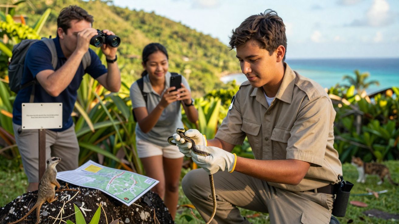 Jovem segura cobra com luvas durante atividade ao ar livre enquanto outras pessoas observam e tiram fotos.