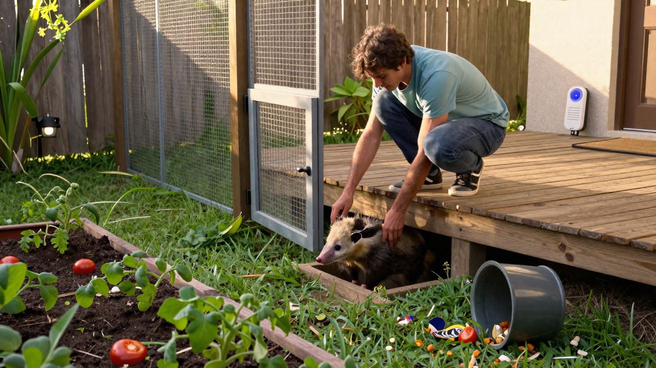 Homem agachado na varanda alimenta gambá que sai de buraco próximo a jardim com tomateiros.