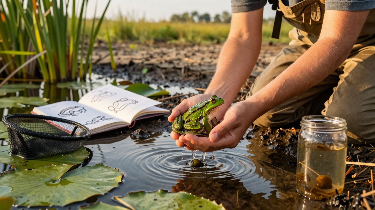 Pessoa segurando um sapo verde sobre uma poça d'água em área de estudo ambiental com livro e pote.
