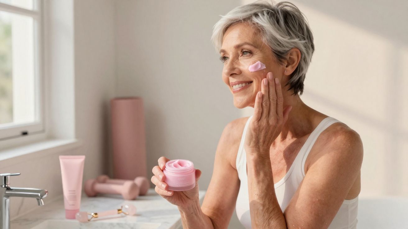 Mulher sorridente aplicando creme facial rosa em ambiente iluminado e acolhedor.