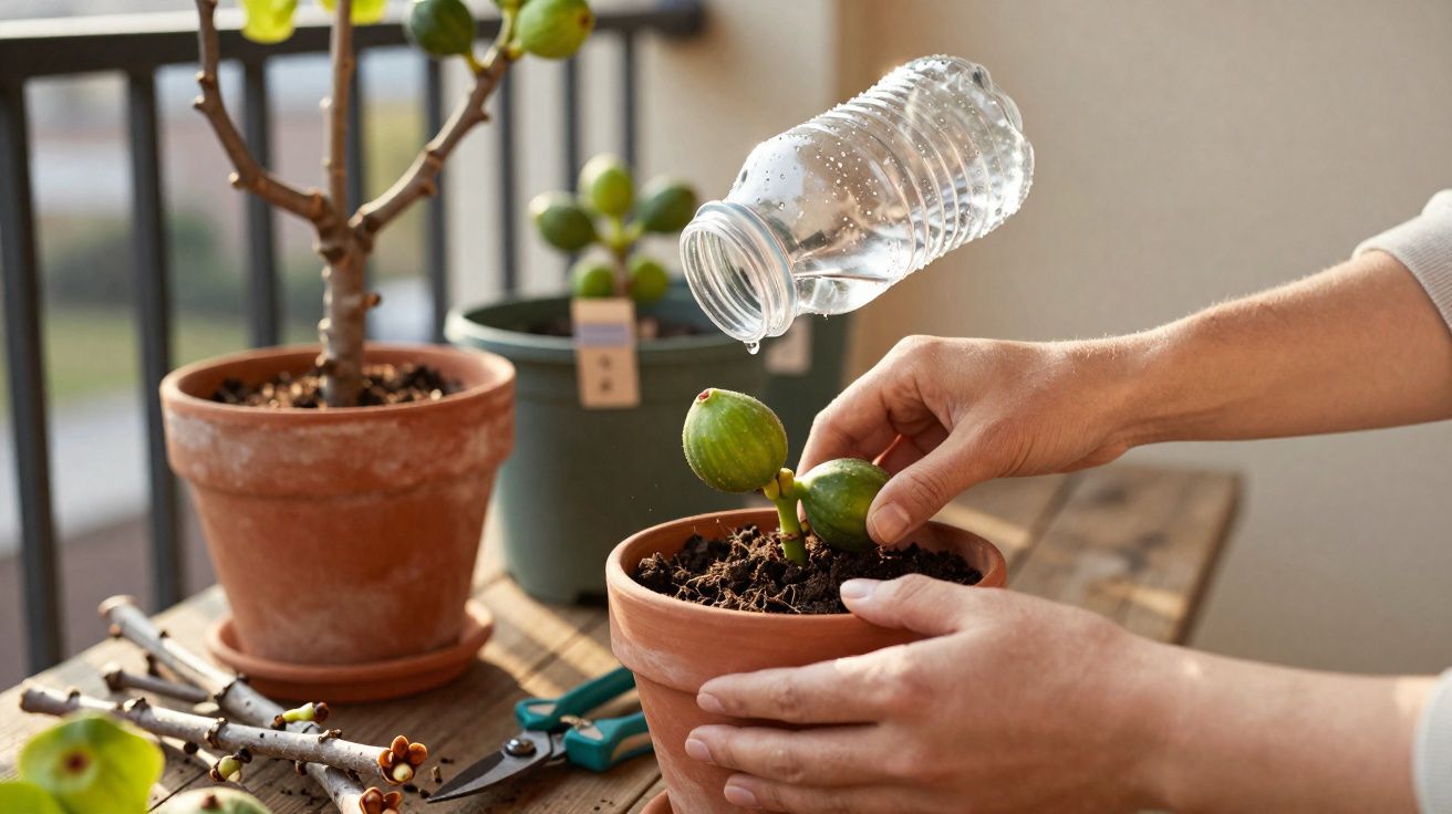 Mãos regando muda de figueira em vaso de barro sobre mesa com outras plantas e ferramentas de jardinagem.