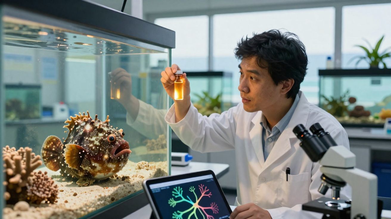 Cientista em laboratório observa amostra em frasco perto de aquário com peixe decorativo e tablet ligado.