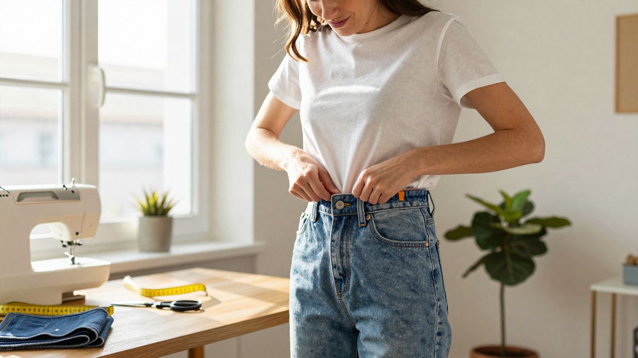 Mulher fechando calça jeans em ambiente claro com máquina de costura e acessórios sobre mesa.