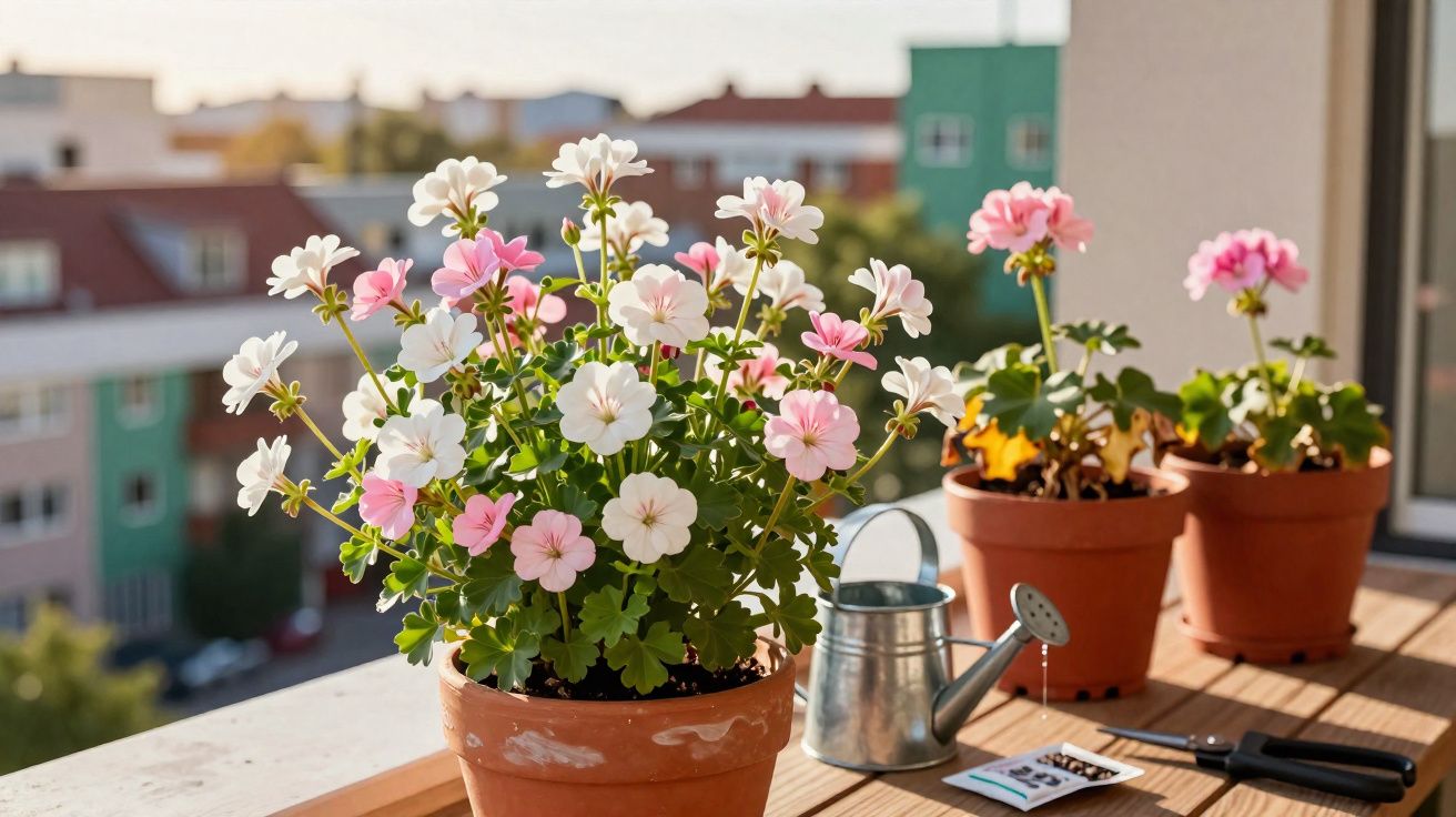 Vasos de flores rosadas e brancas em varanda com regador e ferramentas de jardinagem ao sol.