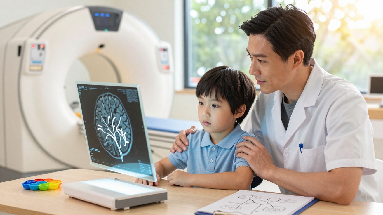Médico mostra ressonância magnética cerebral para menino, com máquina de tomografia ao fundo em clínica.
