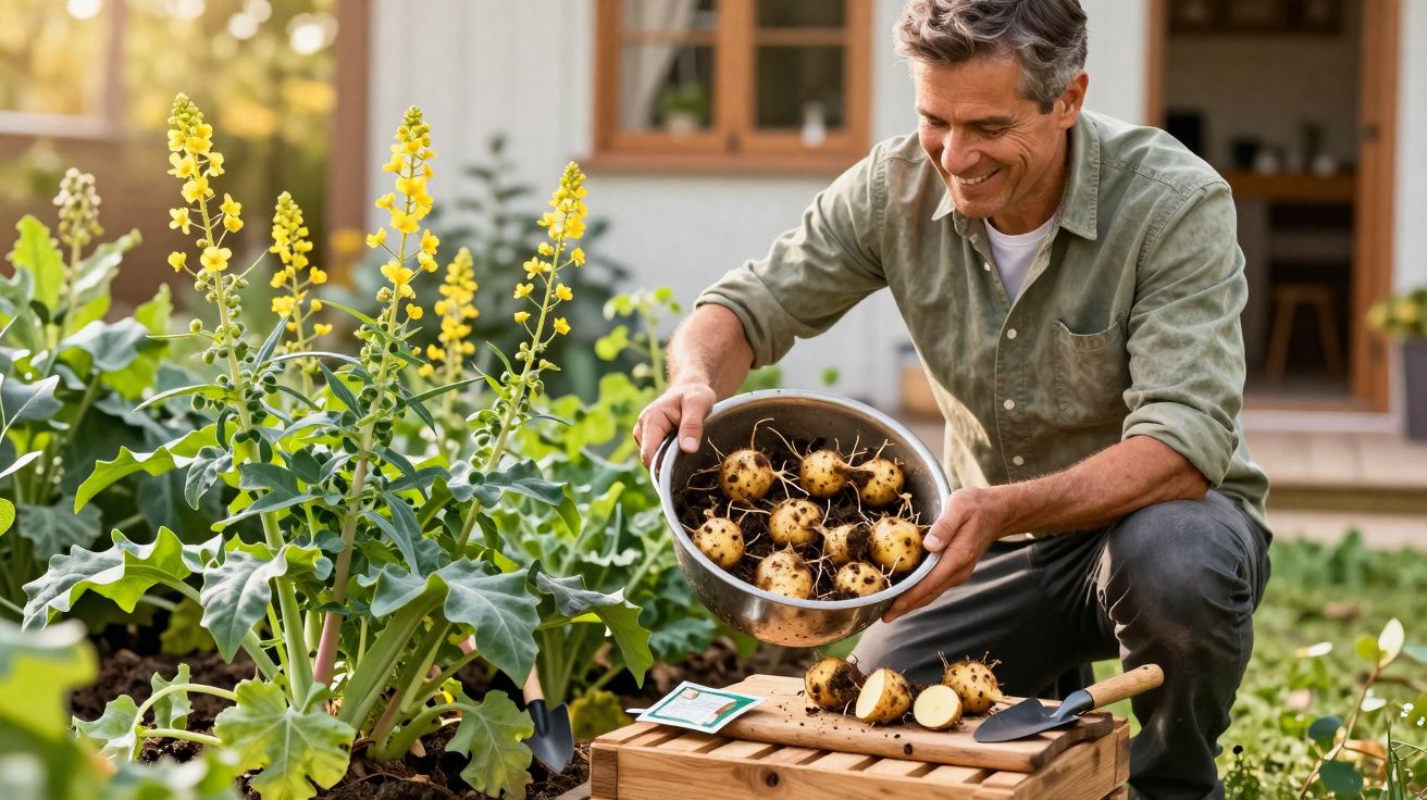 Homem sorrindo colhendo batatas pequenas em jardim com plantas e flores amarelas ao redor.