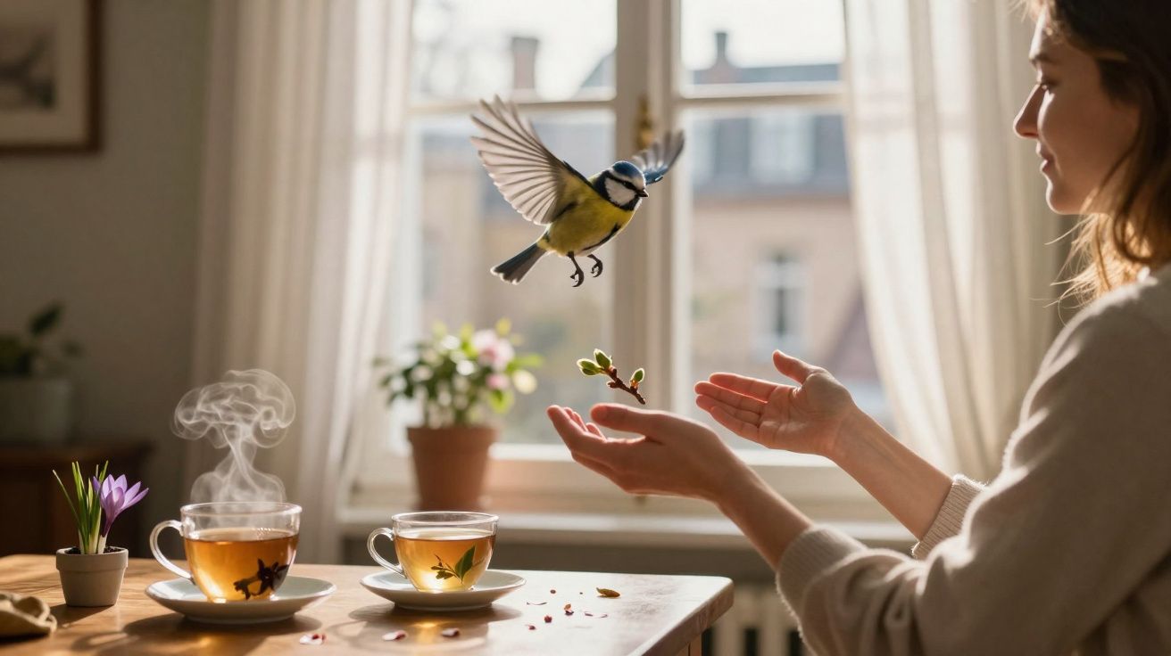 Mulher dentro de casa interage com pássaro voando próximo a mesa com chá e plantas.