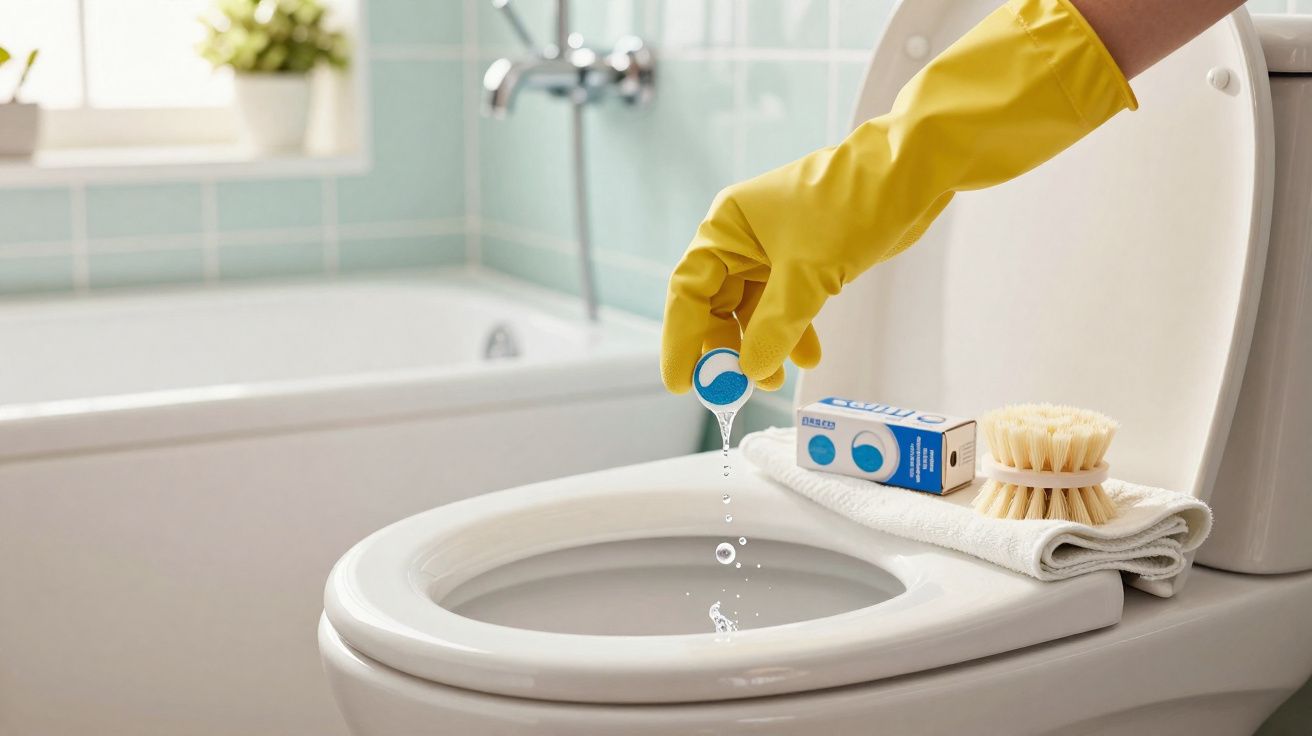 Mão com luva amarela colocando pastilha de limpeza dentro da privada em banheiro.