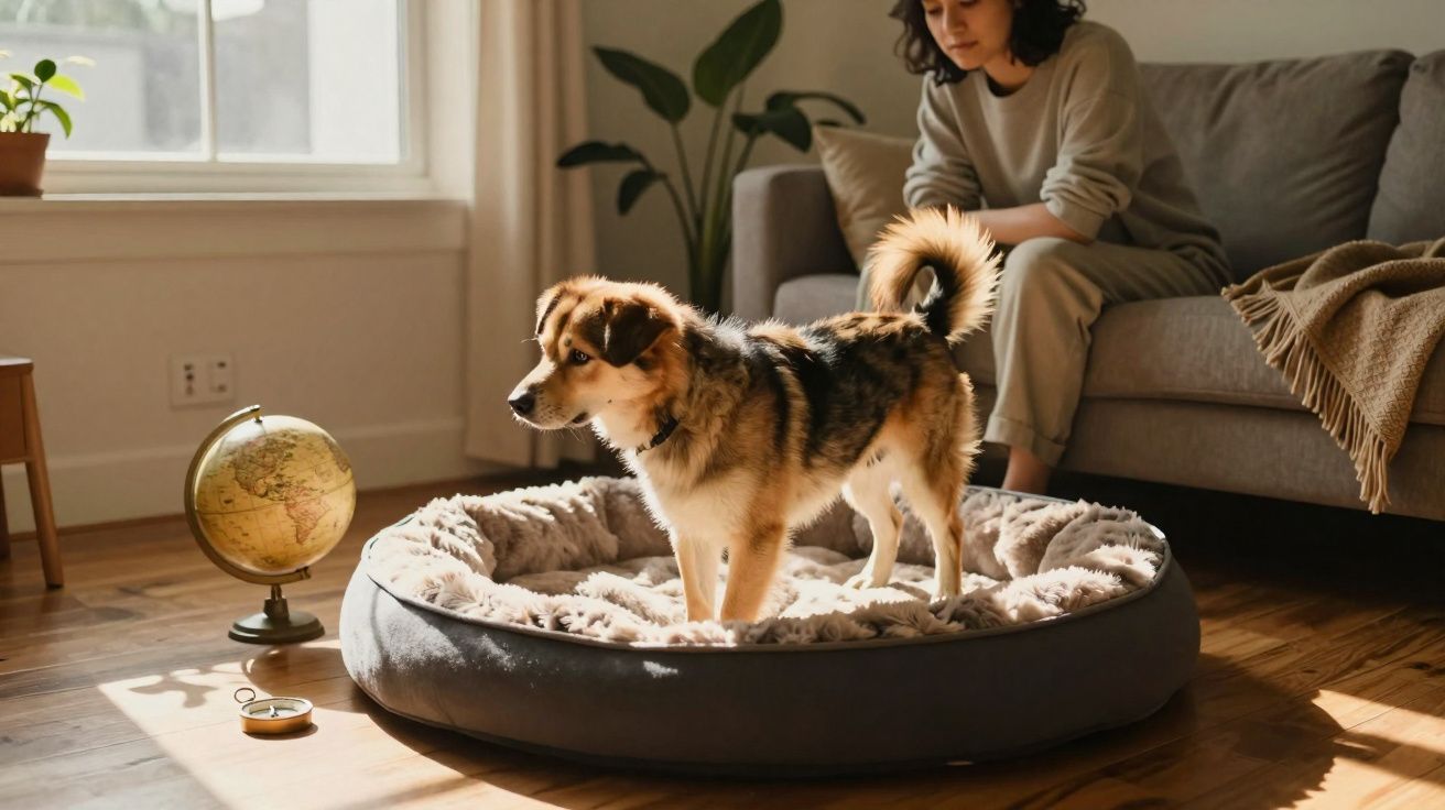 Cachorro em cama macia no centro da sala com mulher sentada no sofá ao fundo, luz natural entrando pela janela.