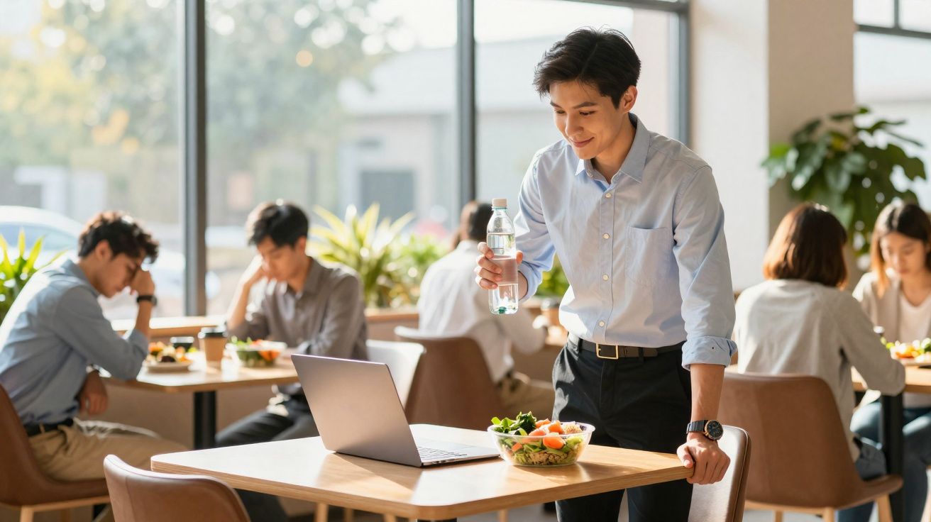 Jovem em camisa social segura garrafa d'água ao lado de salada e notebook em restaurante iluminado.