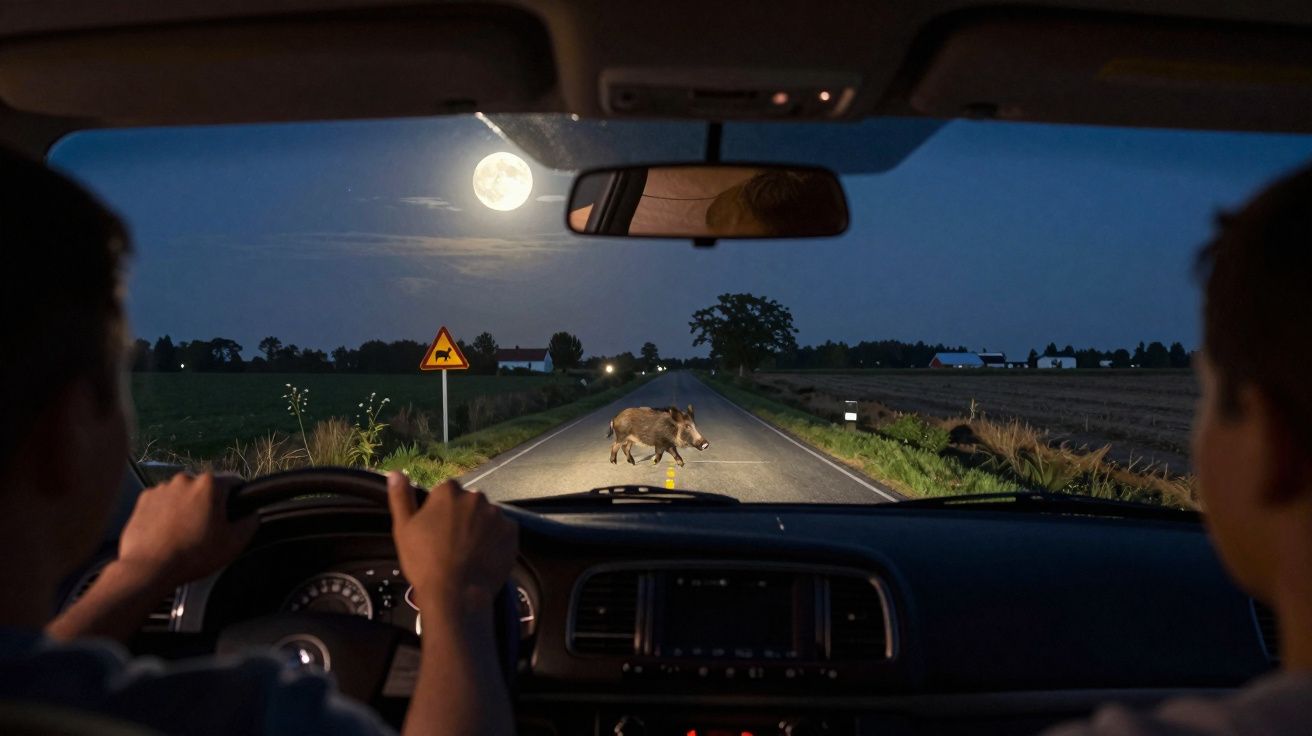 Interior de carro à noite com dois ocupantes, javali atravessa estrada iluminada pela lua cheia.