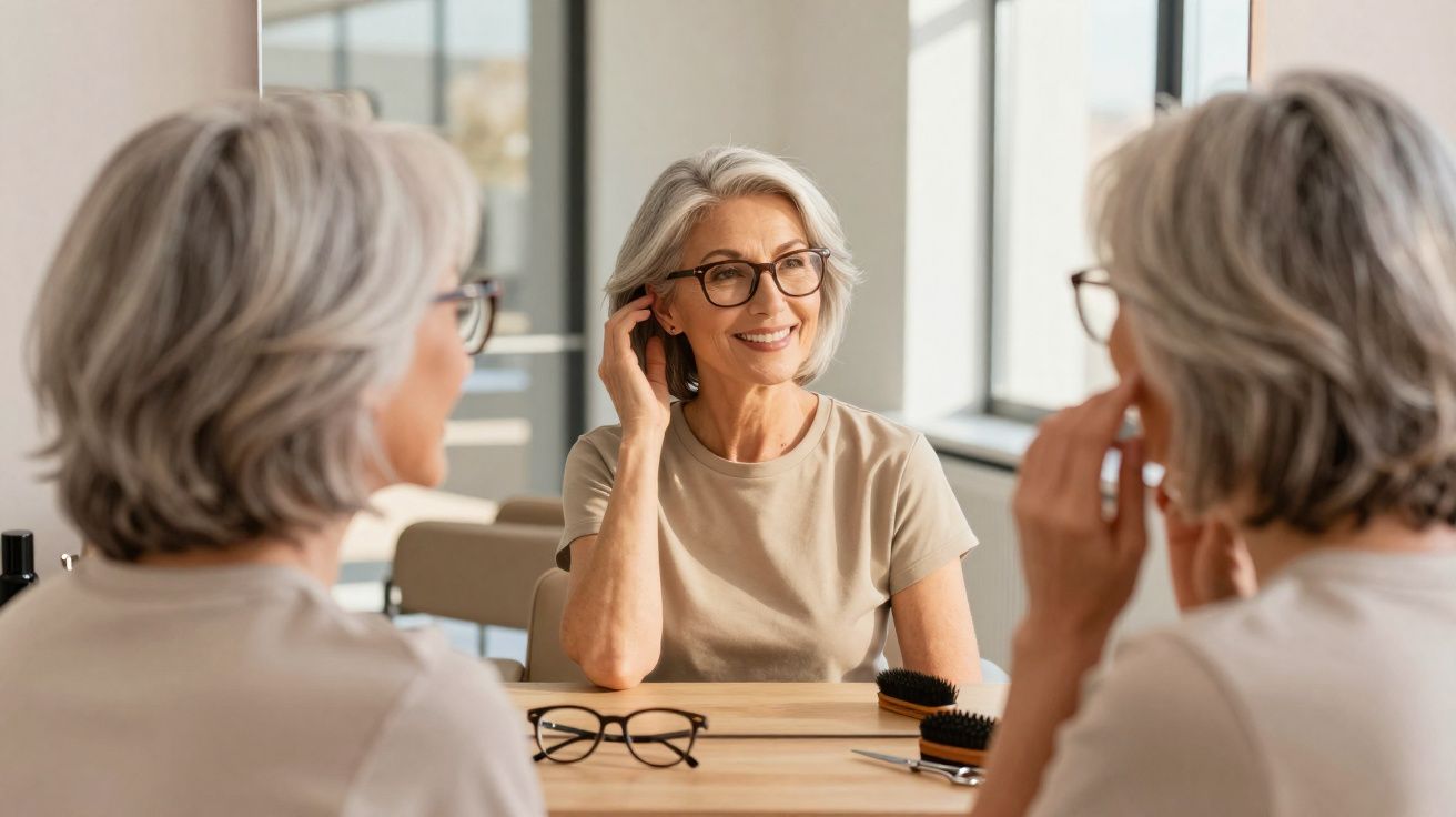 Mulher madura sorrindo ao se olhar no espelho com óculos e camiseta bege em ambiente claro.