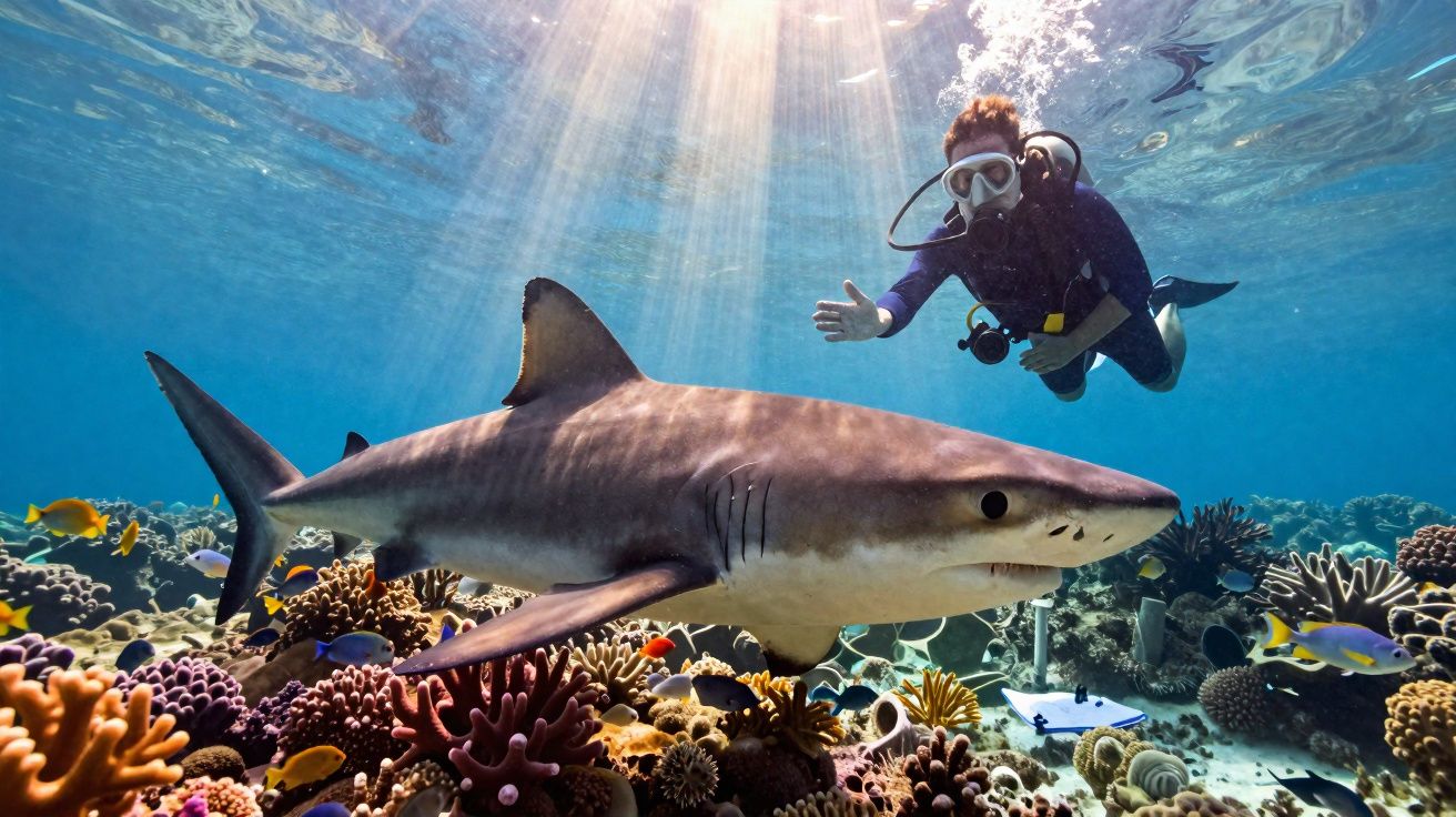 Mergulhador interage com tubarão sobre recife de coral iluminado pela luz do sol em águas transparentes.