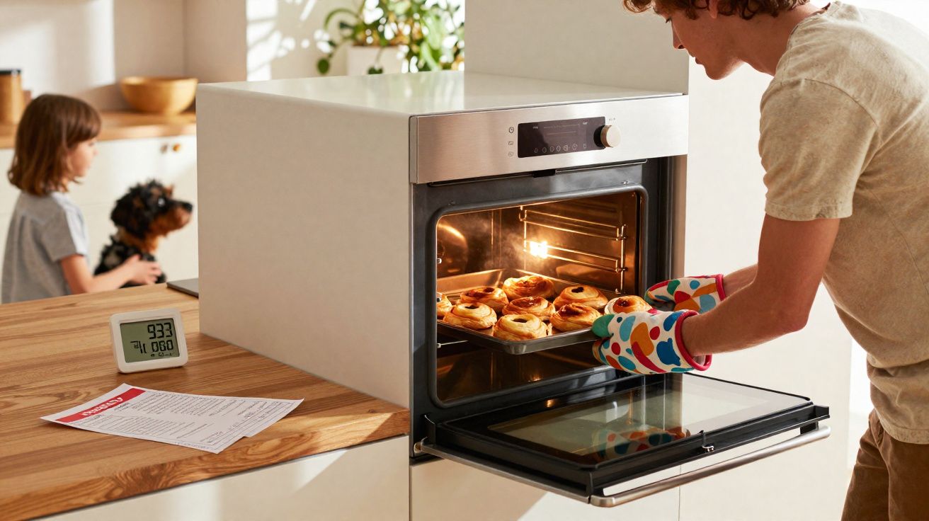 Pessoa retirando pão doce do forno enquanto criança com cachorro observa ao fundo na cozinha.