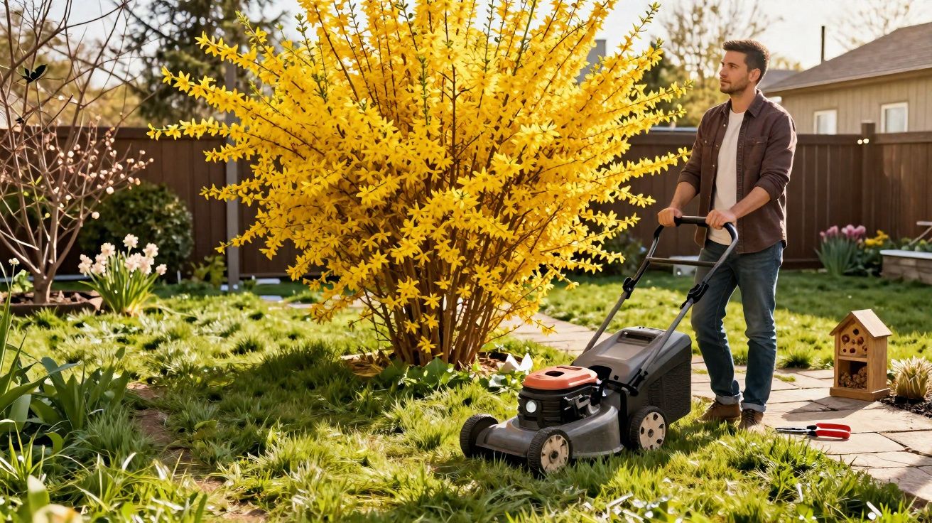 Homem cortando grama em jardim com arbusto amarelo vibrante ao fundo durante o dia.