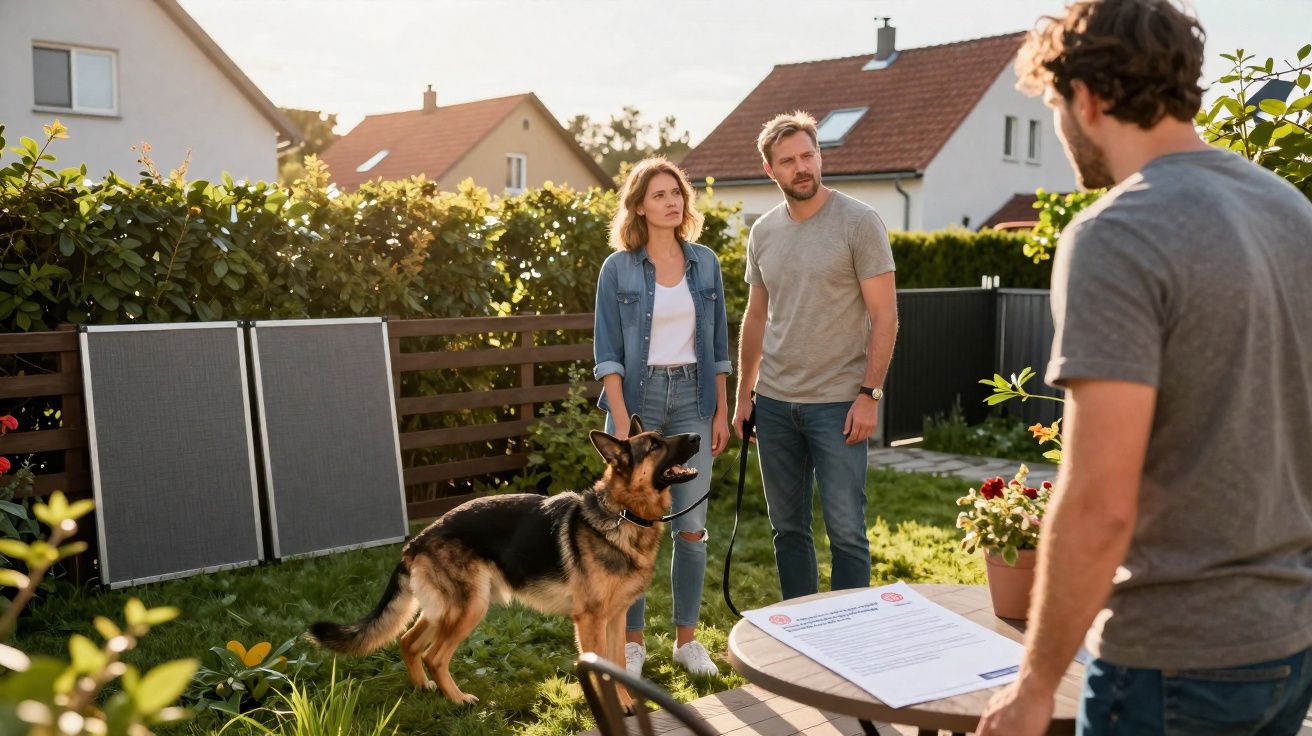 Casal com cachorro pastor alemão conversa com homem no jardim de casa durante fim de tarde.