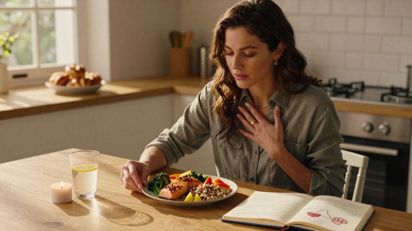 Mulher sentada à mesa olhando para prato com comida saudável, copo d'água e livro aberto à sua frente.
