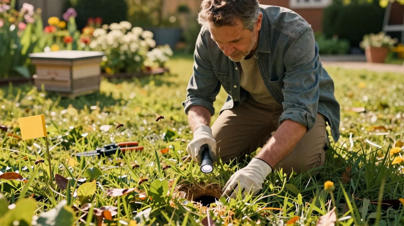 Homem agachado no jardim observa colmeia com lanterna, abelhas voando ao redor.