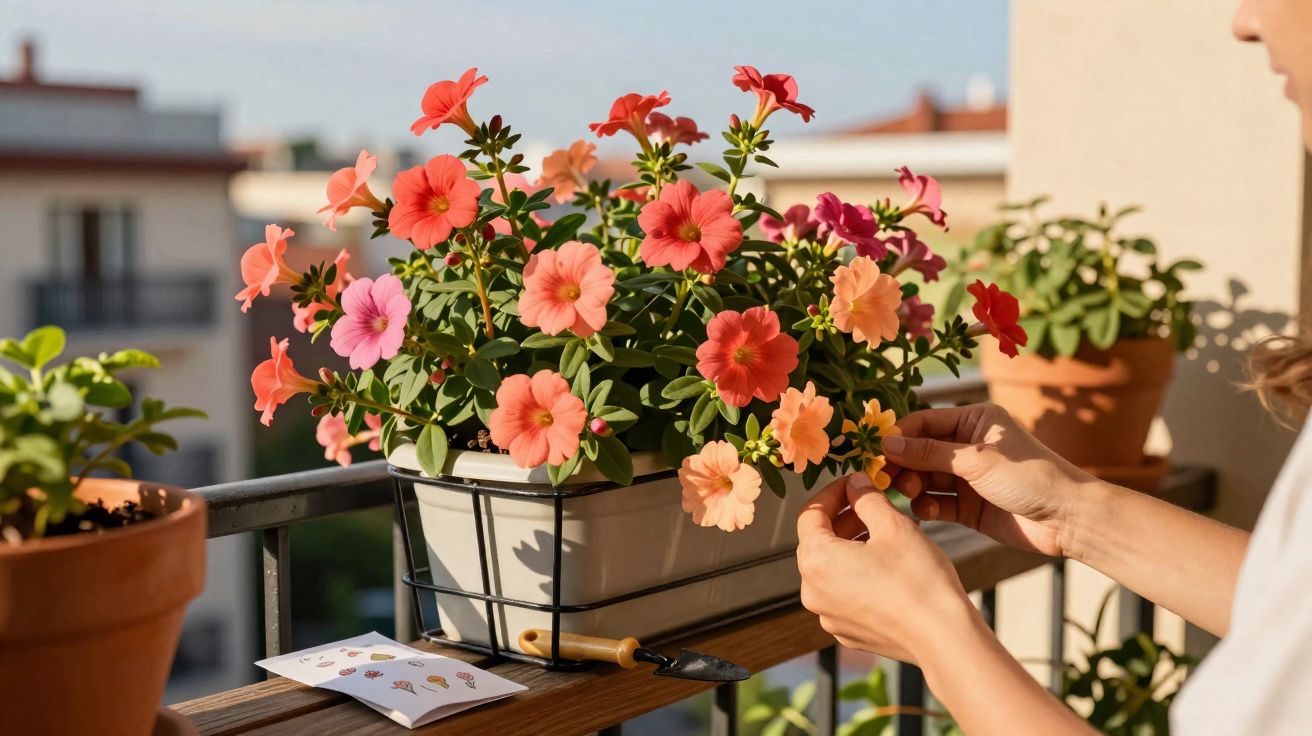 Pessoa cuidando de flores coloridas em vaso sobre prateleira em varanda ensolarada.