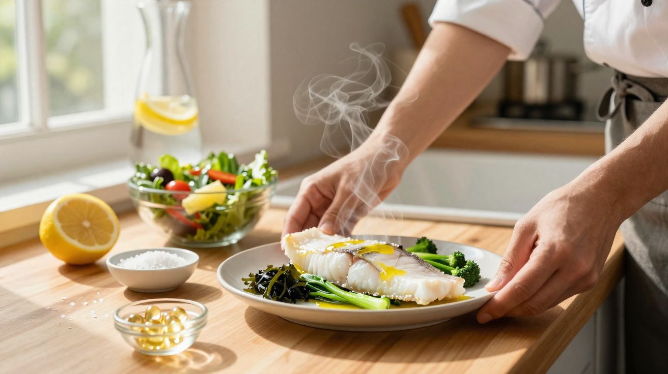 Pessoa colocando prato com peixe cozido e vegetais em mesa de cozinha iluminada por luz natural.