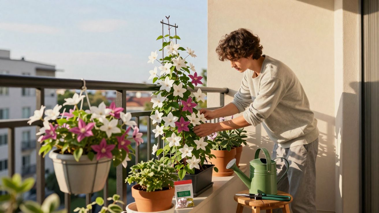 Pessoa cuidando de flores cor-de-rosa e brancas em vasos no parapeito de uma varanda ensolarada.