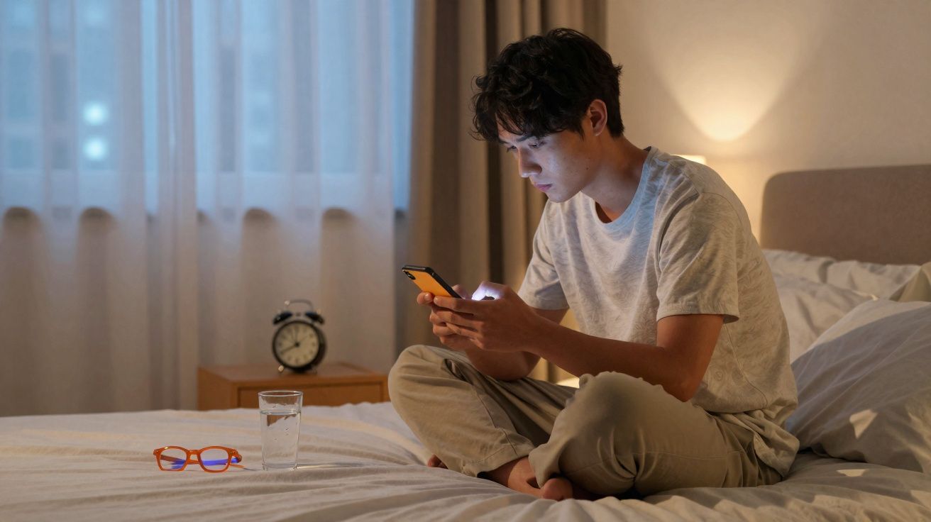 Jovem sentado na cama à noite usando celular, com copo d'água e óculos ao lado.
