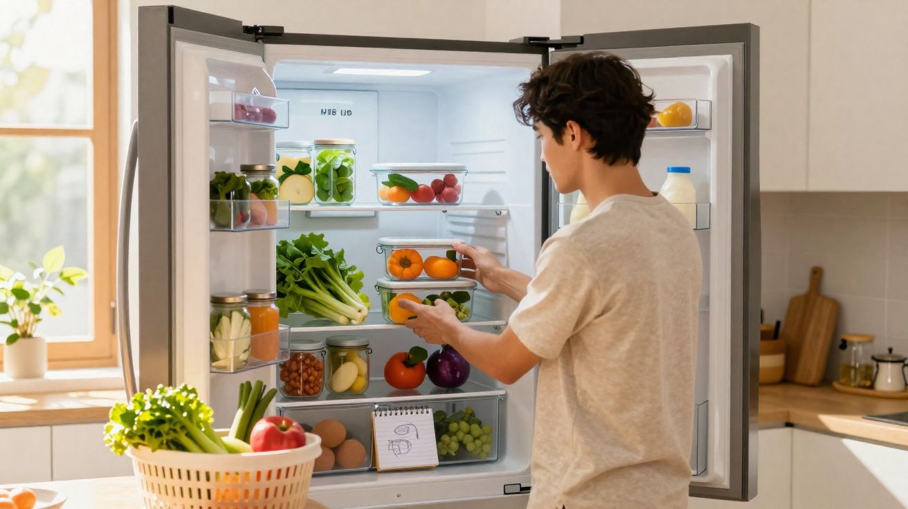 Jovem organizando potes com frutas e legumes na geladeira de cozinha moderna e iluminada.