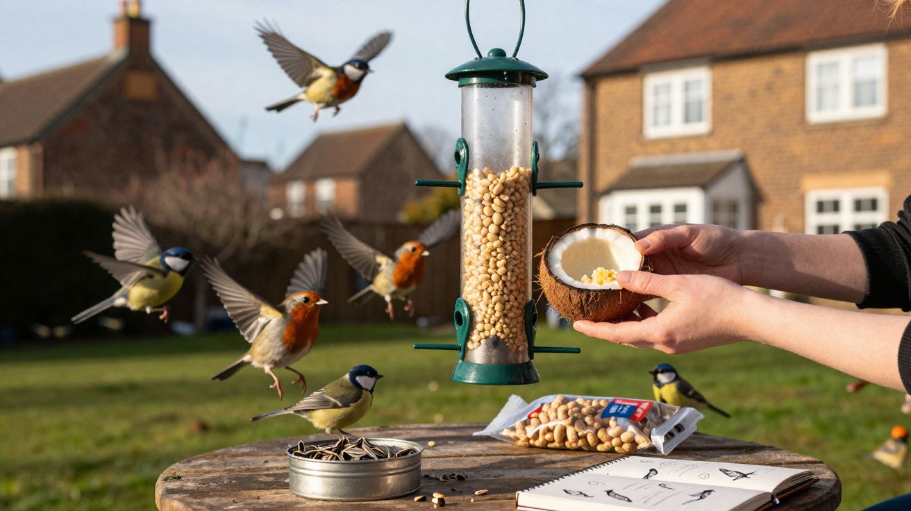 Pássaros voando e se alimentando em comedouro com mãos segurando coco aberto em jardim com casas ao fundo.
