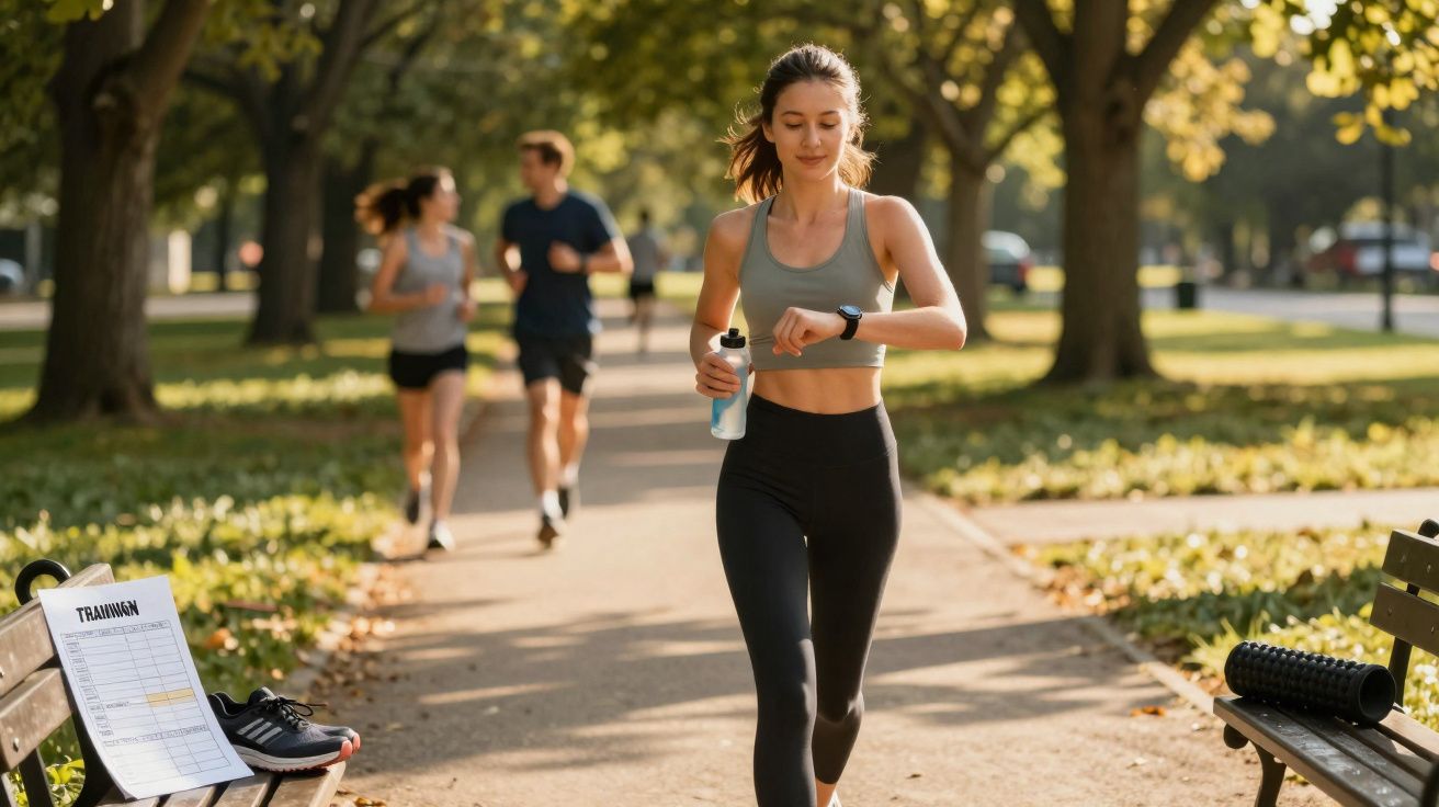 Mulher correndo no parque olhando relógio, com garrafa de água, pessoas ao fundo e tênis em banco.