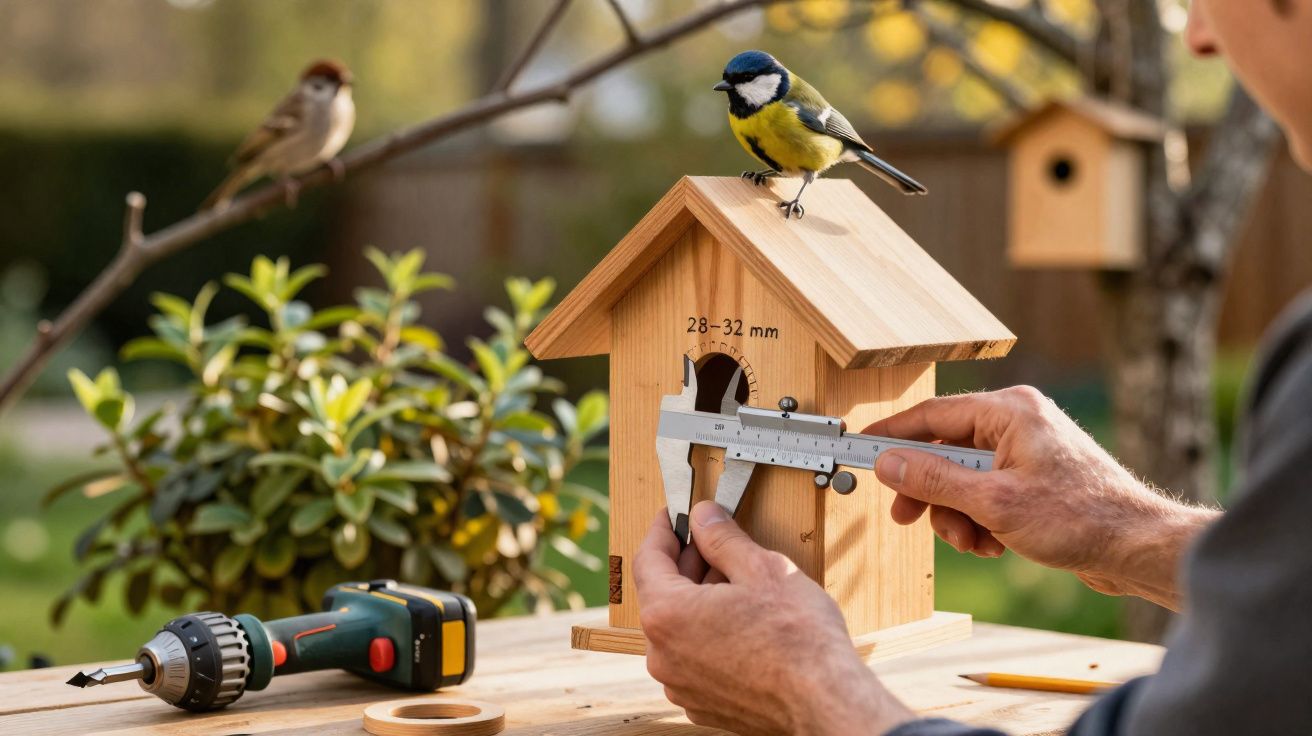 Mão humana medindo entrada de casa de passarinho de madeira com paquímetro enquanto pássaro azul-amarelo observa.