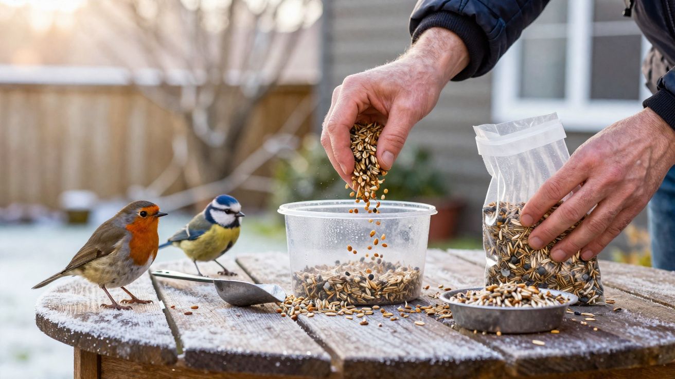 Mãos colocando sementes em pote transparente sobre mesa de madeira com dois passarinhos observando.