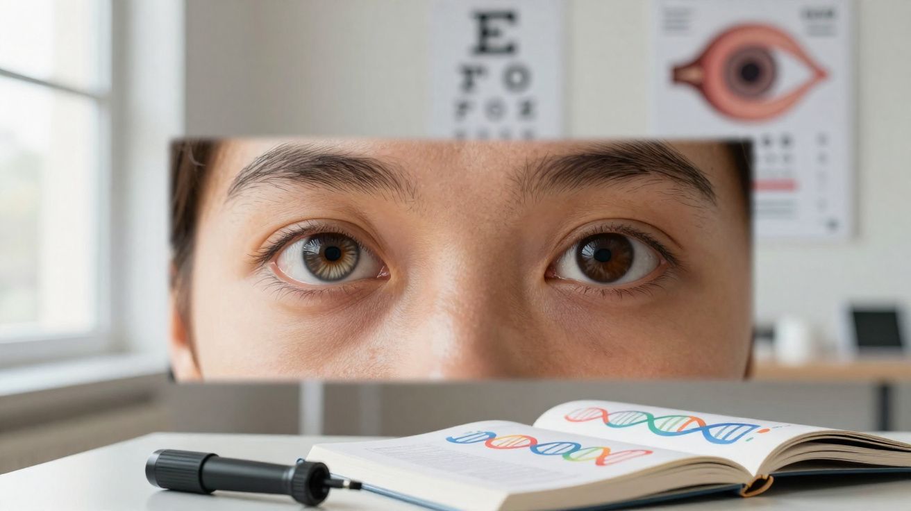 Espelho refletindo olhos castanhos de pessoa, com livro aberto sobre DNA na mesa em consultório oftalmológico.