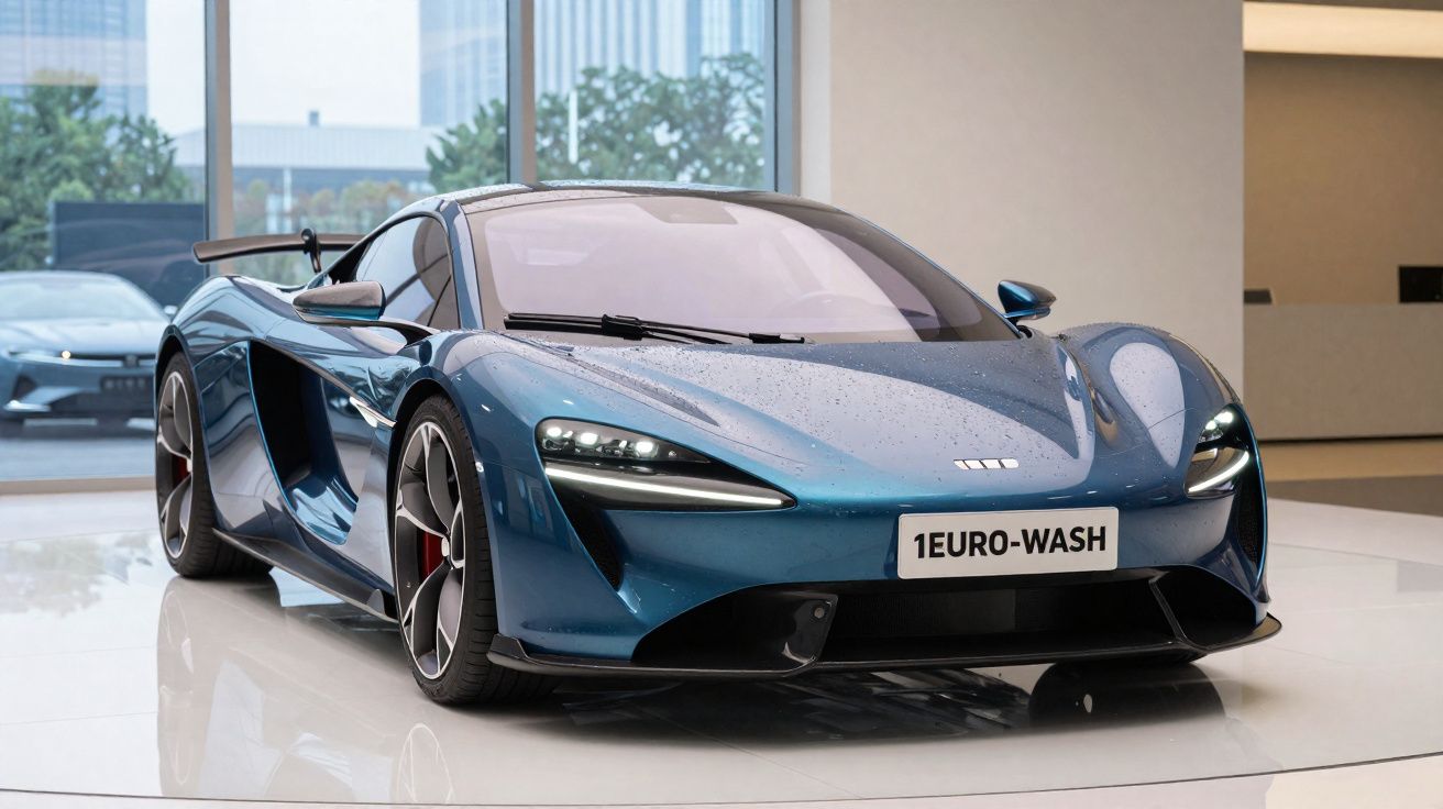 Carro esportivo azul metálico com placas "1EURO-WASH" em exposição interna com vidro ao fundo.