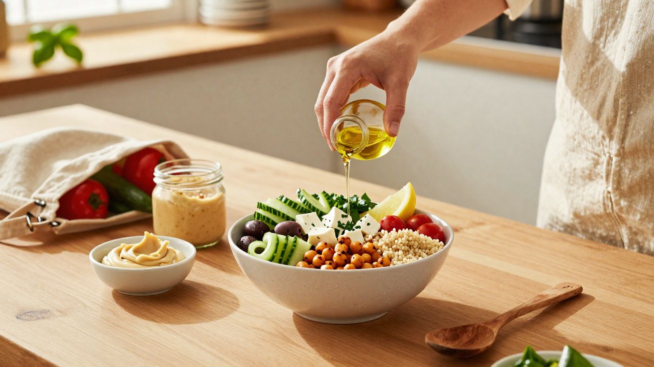Mão despejando azeite em salada colorida com grão-de-bico, pepino, tomate e queijo em tigela na mesa de madeira.