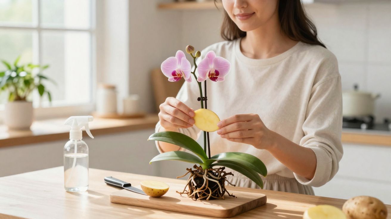 Mulher cuidando de orquídea, colocando fatia de batata perto das raízes em cozinha iluminada.
