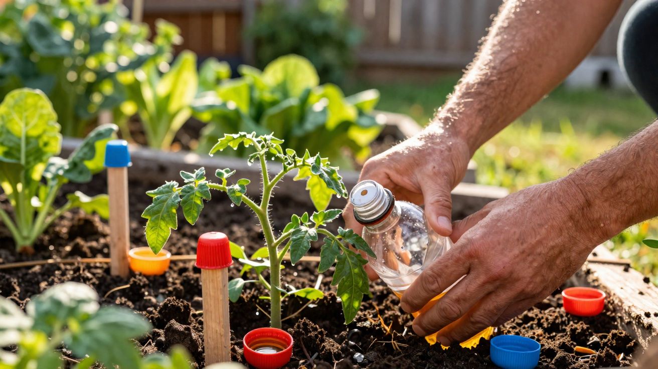 Mãos regando mudas de tomate em canteiro de jardim com tampas coloridas ao redor.