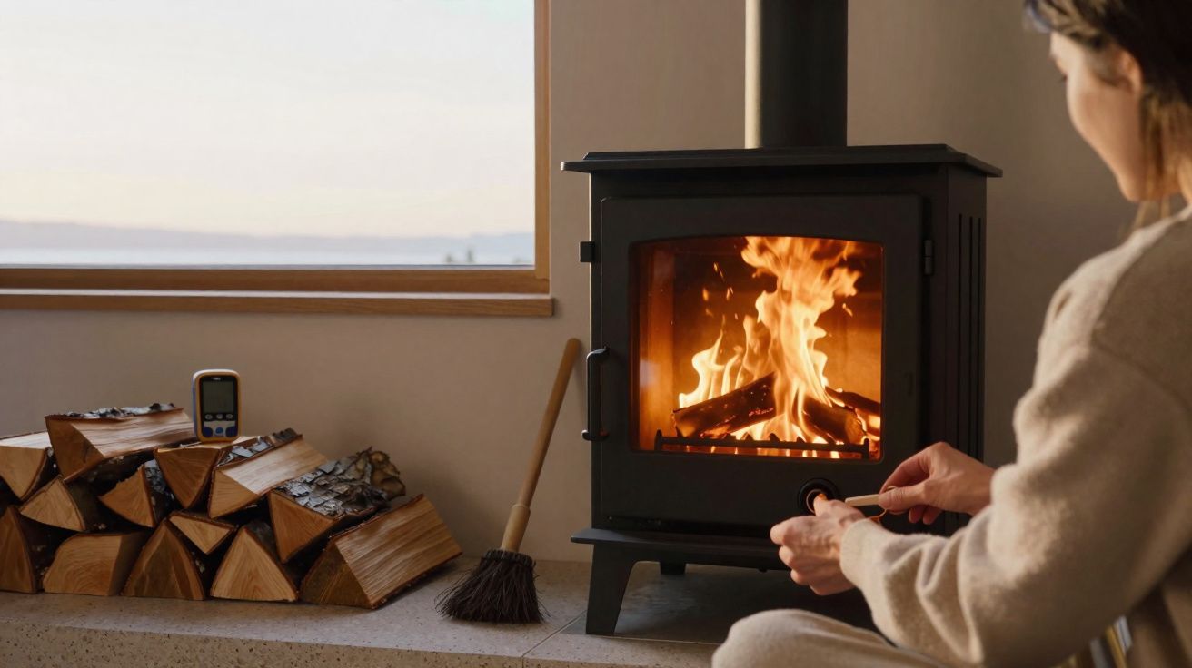 Pessoa ajustando aquecedor a lenha com fogo aceso em ambiente interno aconchegante.