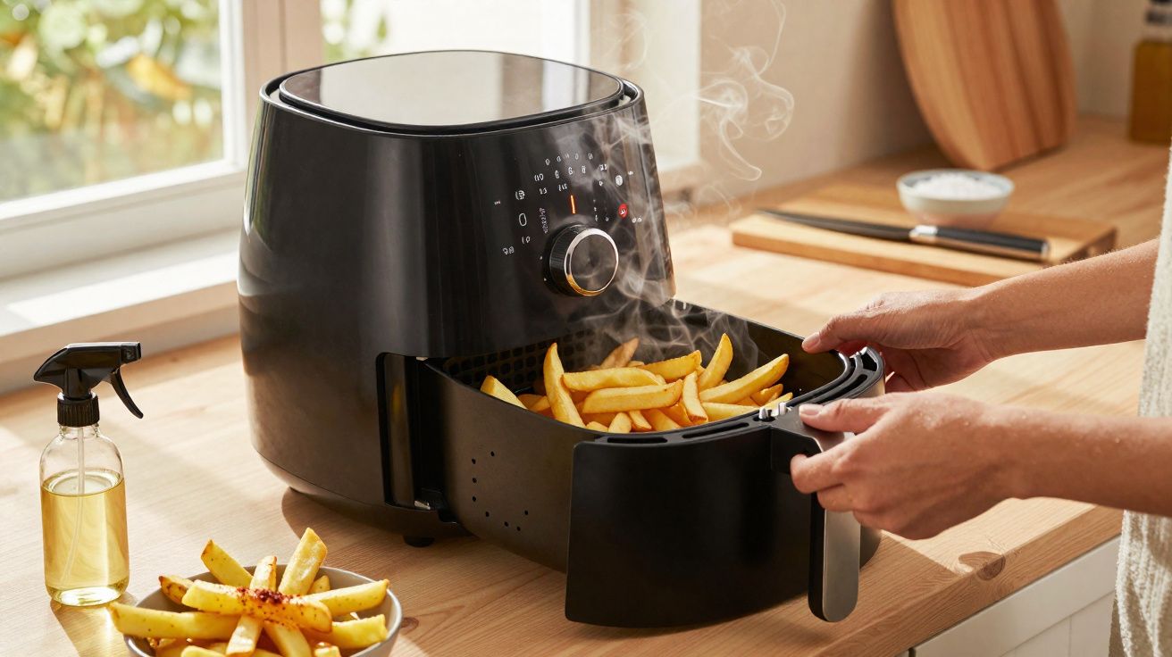 Pessoa retirando batatas fritas quentes de uma airfryer preta em bancada de cozinha iluminada.