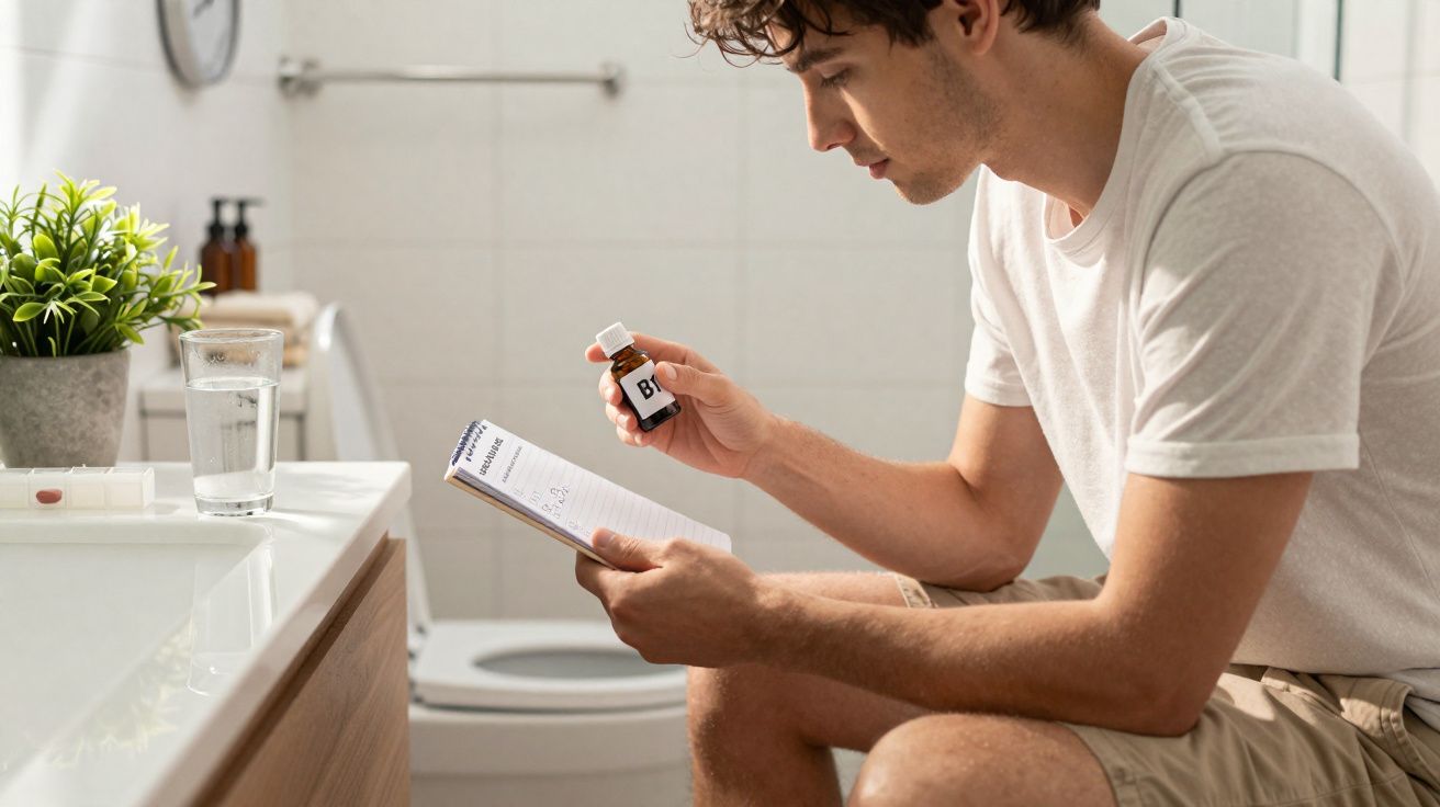 Homem sentado no banheiro lê instruções de medicamento segurando frasco com suplemento vitamínico.