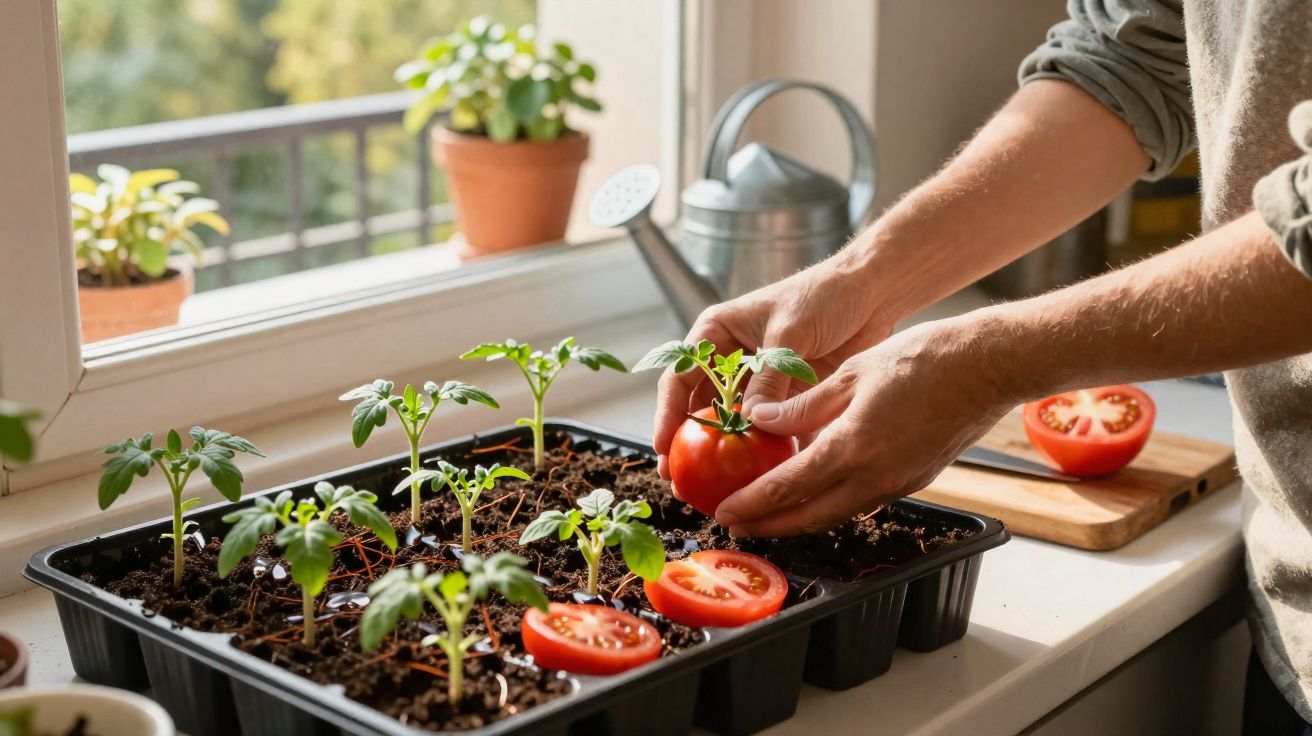 Mãos seguram tomate com mudas em bandeja para cultivo, ao lado de regador e plantas em vasos na janela.