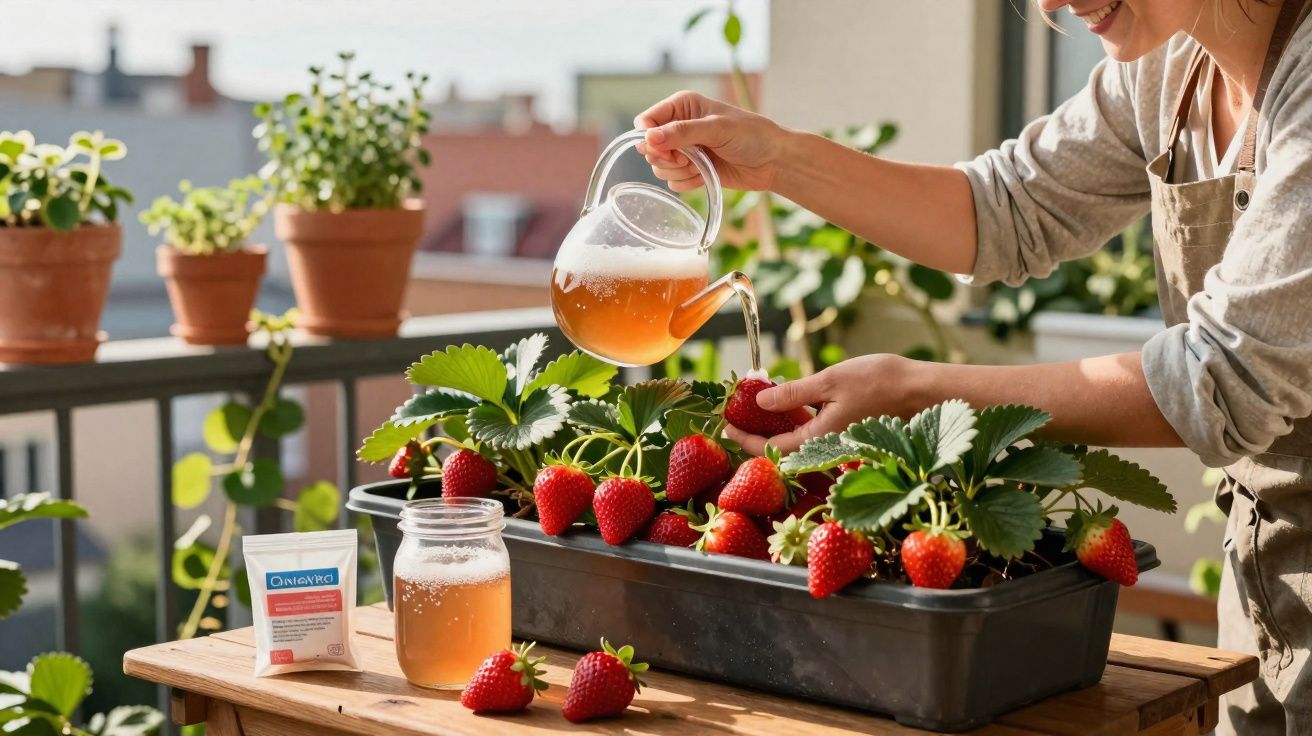 Pessoa regando plantas de morango em vaso, com morangos frescos e jarra de água sobre mesa.