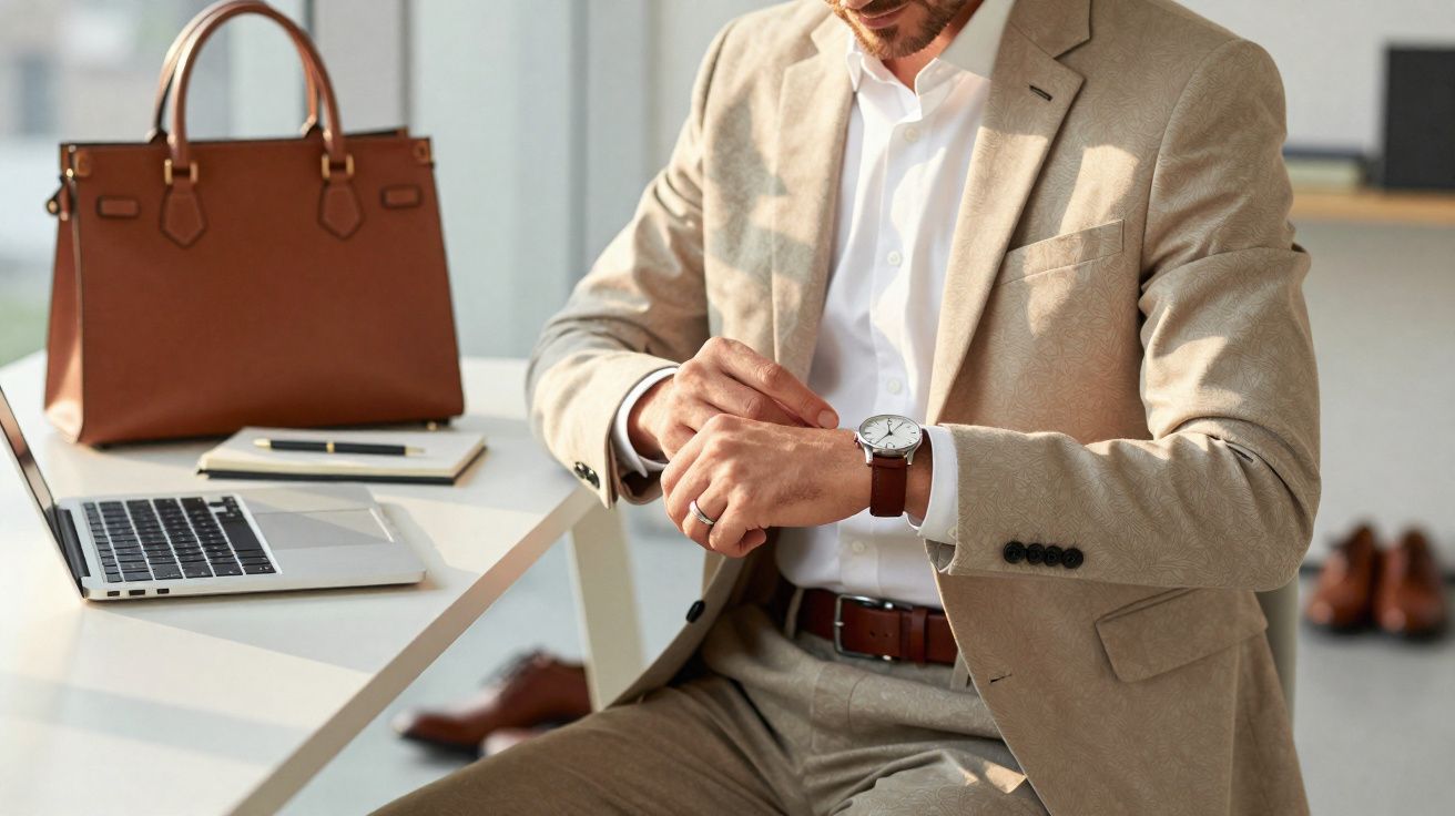 Homem de terno bege sentado conferindo relógio de pulso em escritório com laptop e pasta marrom.
