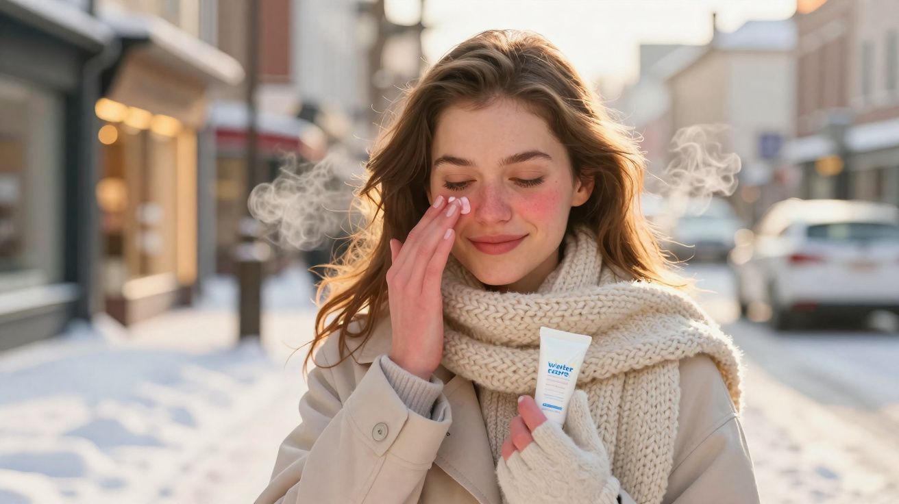 Mulher aplica creme no rosto em dia frio de inverno, vestindo cachecol e luvas, com vapor no ar.