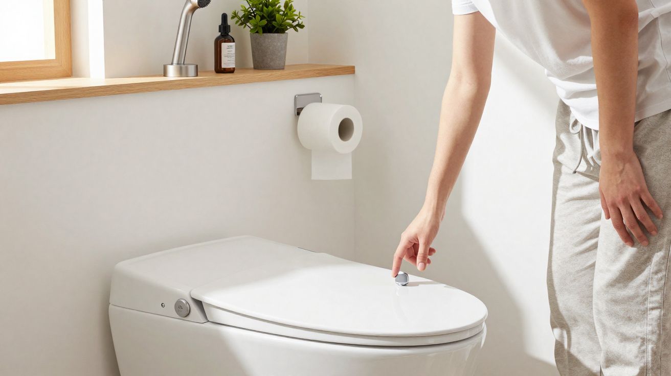 Pessoa alcançando a tampa de vaso sanitário moderno branco em banheiro com janela e prateleira.