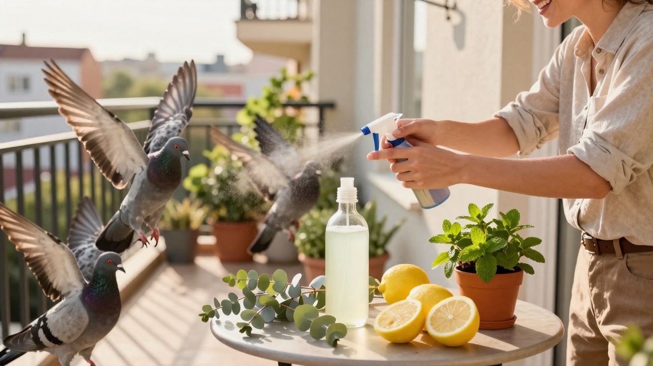 Pessoa borrifando repelente em pombos assustados em varanda com plantas e limões sobre a mesa.