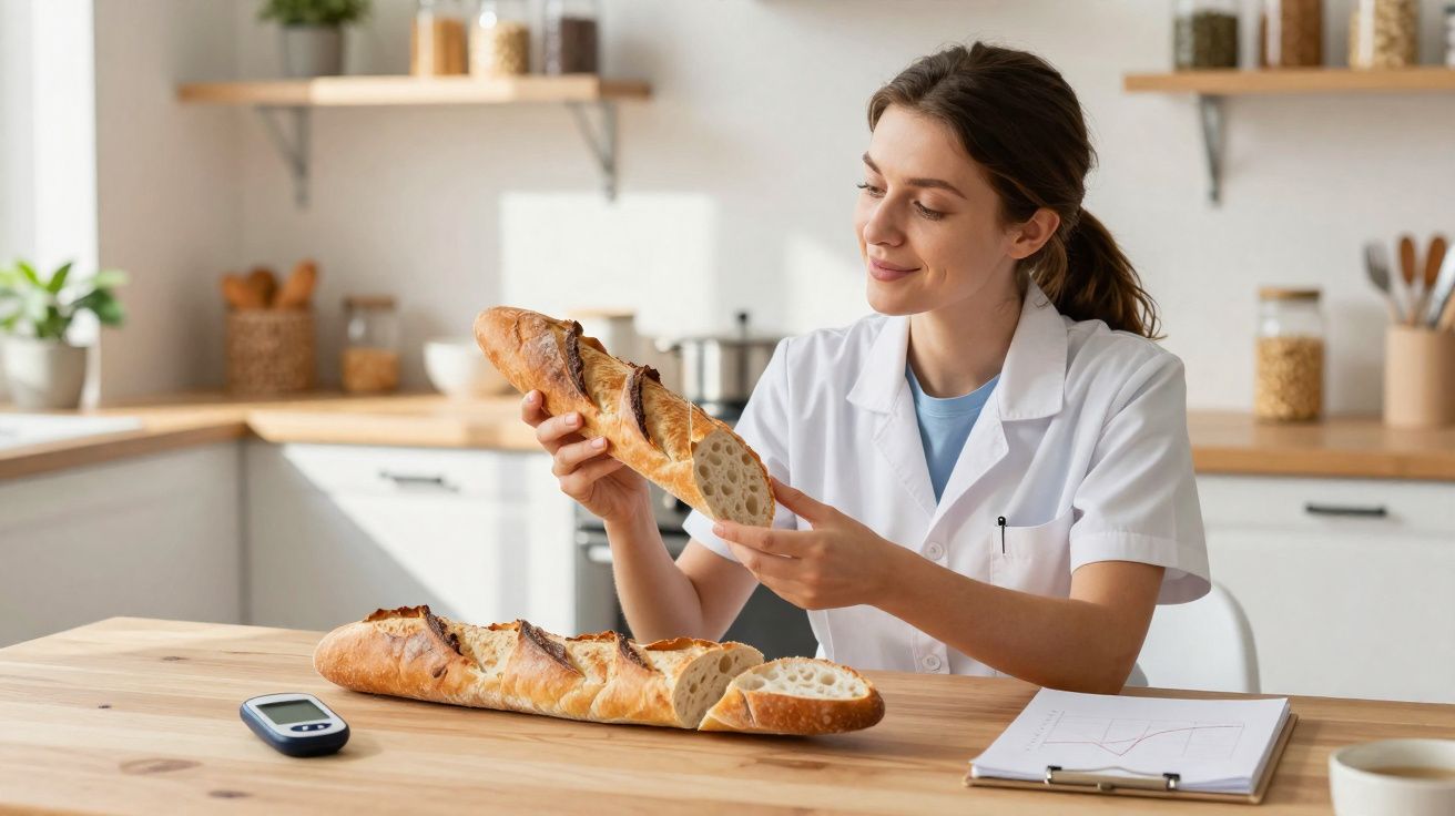 Mulher com jaleco branco segurando pedaço de pão baguete, com glicemia e anotações em mesa de cozinha.